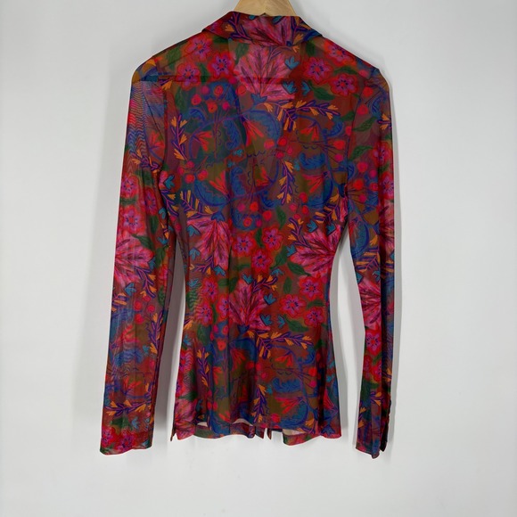 Natural Life Womens Sheer Mesh Floral Button Up Top Size M Ruched Multicolor - Picture 2 of 6